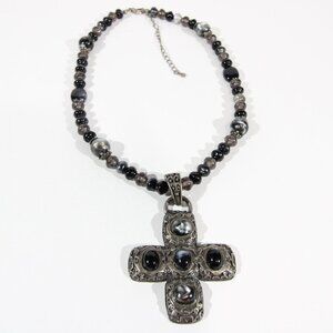 Silver Tone Cross and Black Beaded Necklace